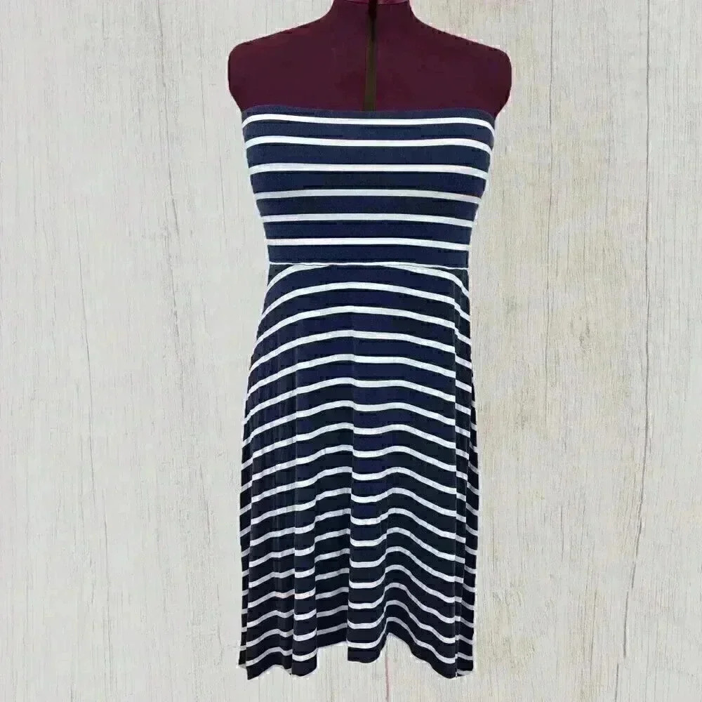 Ricki's Women's Strapless Fit Flare Knit Dress XL Blue White Striped Stretch